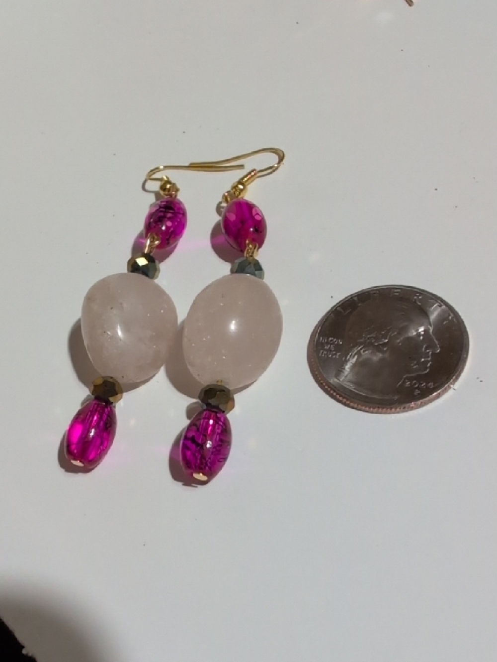 NWOT Handmade Gold-Tone Pink Stone Drop Earrings - Picture 5 of 5